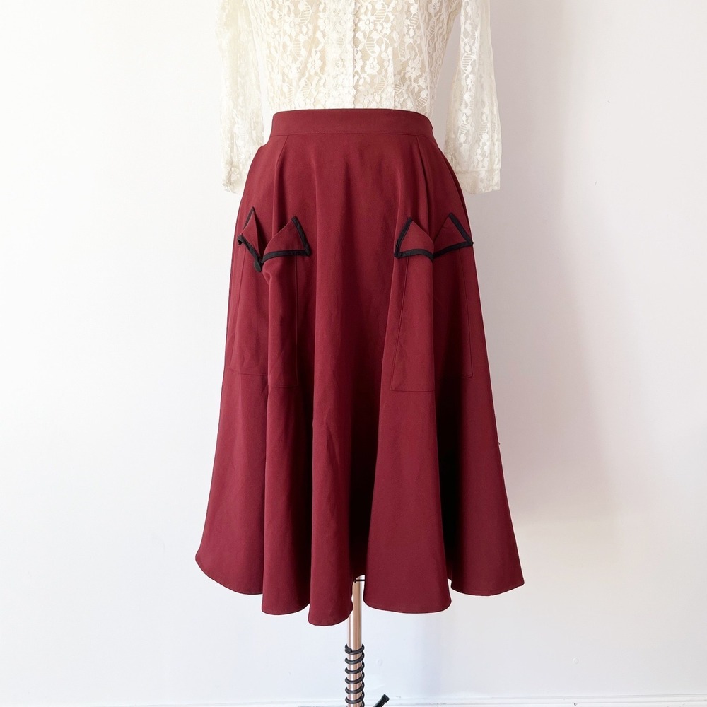 Hell Bunny Circle Skirt Burgundy Rockabilly Swing High Waisted Pocket Bows Flare